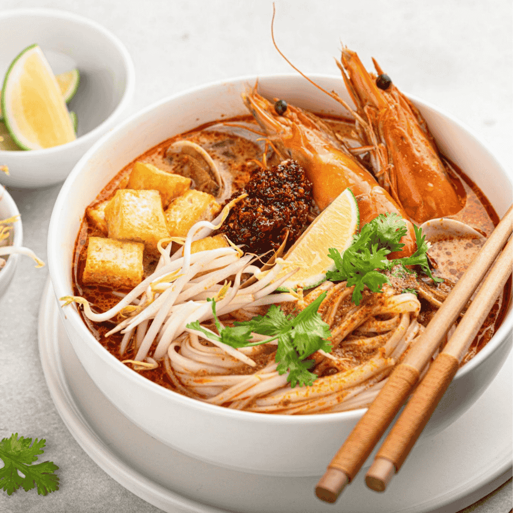 Home vegan laksa with plant based seafood