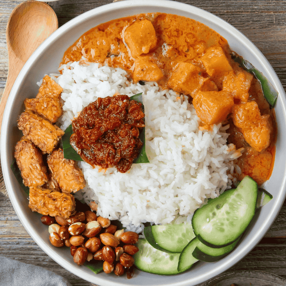 Home vegan nasi lemak with sambal & plant based chicken